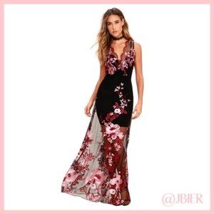 Work the Bloom Wine Red and Black Embroidered Maxi Dress